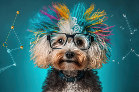 dog as a neuroscientist on colored background, created with Generative AI technologyの素材