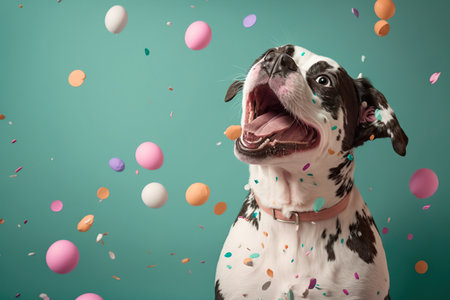 Studio portrait of cute happy puppy celebrating birthday, created with Generative AI technologyの素材