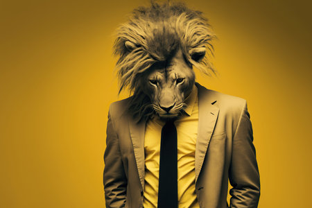 Studio portrait of a lion in a business suit in stress, created with Generative AI technologyの写真素材