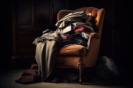 Chair with a pile of clothes, concept of Clutter and Disarray, created with Generative AI technologyの素材