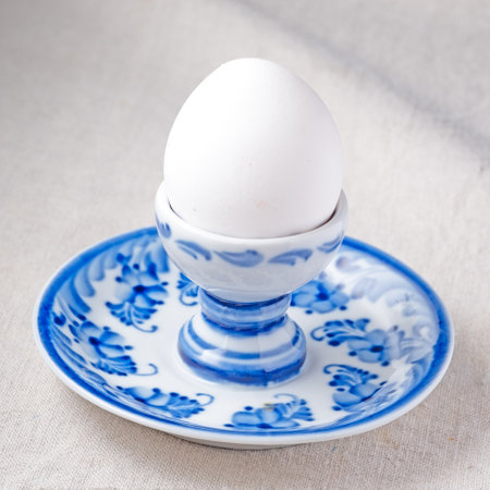 blue pattern plate for boiled egg on breckfastの写真素材