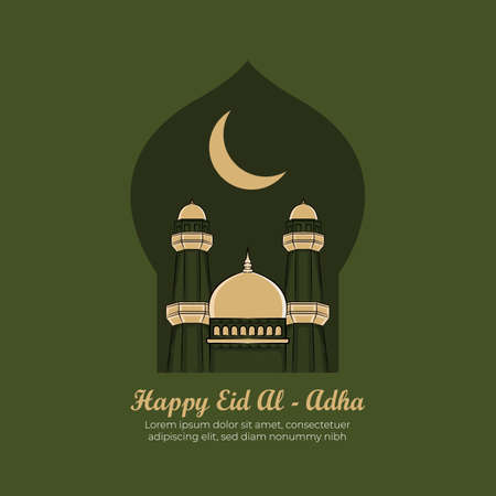Eid al-adha Greeting Cards with Hand drawn Mosque in Green Grunge Background. Vector Illustrationのイラスト素材