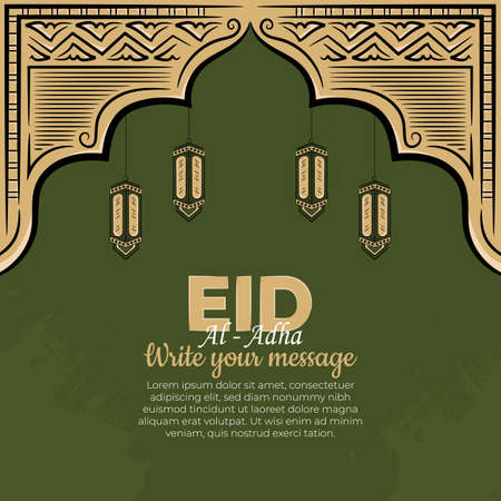 Eid al-adha Greeting Cards with Hand drawn lantern in Green Grunge Background. Vector Illustrationのイラスト素材