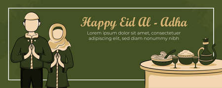 Eid al-adha banner template with Hand drawn Muslim People, Mosque, Lantern and islamic ornament in Green Grunge Background. Vector Illustrationのイラスト素材