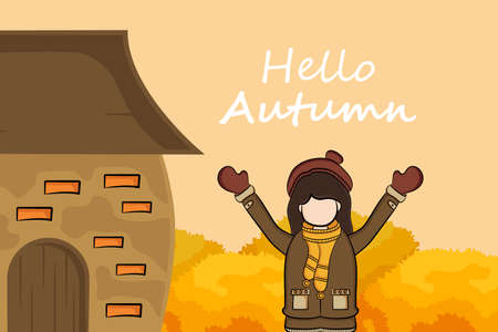 Hand draw illustration of Cute girl character in autumn background. vector illustrationのイラスト素材