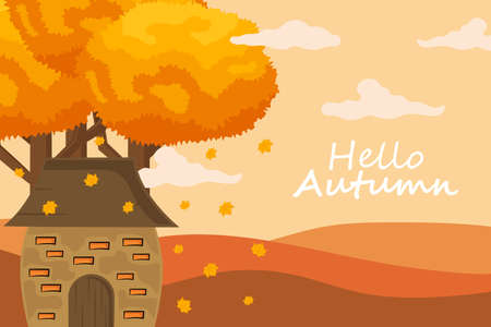 Autumn Background with Hand Drawn Autumn Text and Leaves around it. For Holiday sale Promo, Invitation card and Greeting cardのイラスト素材