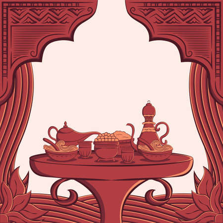 Hand drawn illustration of ramadan kareem or eid mubarak greeting concept in white background. Vector Illustrationのイラスト素材