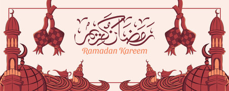 Ramadan kareem banner with hand drawn islamic illustration ornament on white background. Vector Illustrationのイラスト素材