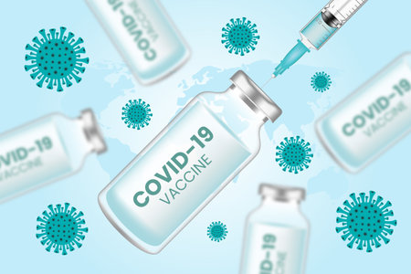 Coronavirus vaccine vector background. Covid-19 corona virus vaccination with vaccine bottle and syringe injection tool for covid-19 immunization treatment. Vector illustration.のイラスト素材