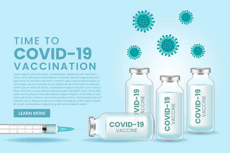 Coronavirus vaccine vector background. Covid-19 corona virus vaccination with vaccine bottle and syringe injection tool for covid-19 immunization treatment. Vector illustration.のイラスト素材