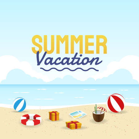 Hand draw illustration of summer background. Tropical plants, flower, beach ball and starfish....