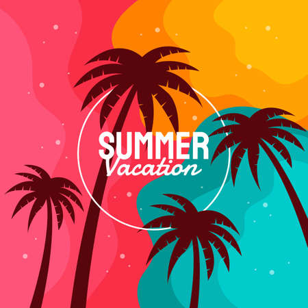 Hand draw illustration of summer background. Tropical plants, flower, beach ball and starfish. Design template for banner, flyer. Vector Illustrationのイラスト素材