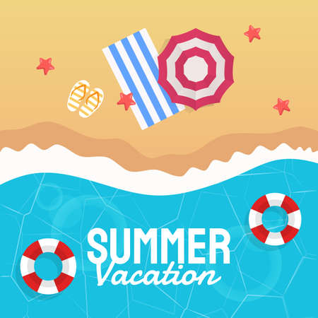 Hand draw illustration of summer background. Tropical plants, flower, beach ball and starfish. Design template for banner, flyer. Vector Illustrationのイラスト素材