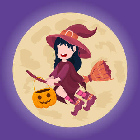 Happy Halloween banner or greeting card concept with little witch flying over the moon. vector illustrationのイラスト素材