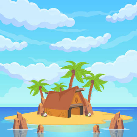 Tropical Island Among the Sea. Palm Trees, Sandy Beaches, Rocks, Statues, Tents and Ritual Houses. Sea Beach Beautiful Landscape. Vector Illustrationのイラスト素材