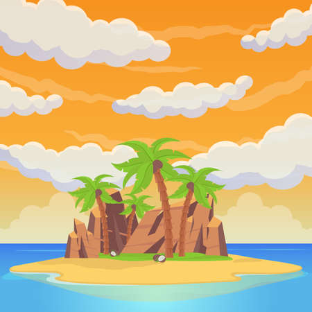 Tropical Island Among the Sea. Palm Trees, Sandy Beaches, Rocks, Statues, Tents and Ritual Houses. Sea Beach Beautiful Landscape. Vector Illustrationのイラスト素材