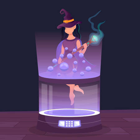 Happy Halloween. Witch Woman Wears Fancy Dress and Diamond Wand to do Trick or Treat in Moonlight. Vector Illustrationのイラスト素材