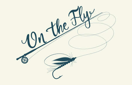 On the fly. Fishing rod on the light tone backdrop. Hand drawn vector stock fly fishing illustration.のイラスト素材