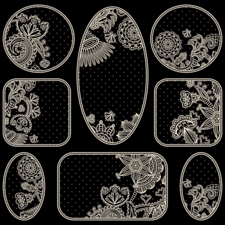Set of floral frames on a black background with polka dots. Can be used as a framework, medallions, tags, labels and otherのイラスト素材