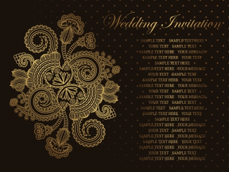 Elegant floral pattern in gold on a dark seamless background. Stylish design. Can be used as a greeting card or wedding invitation   のイラスト素材