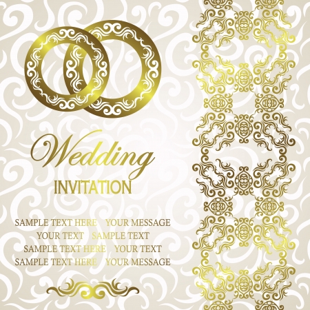 Wedding invitation with vintage ribbon and rings. Seamless damask wallpaper. Retro design     のイラスト素材