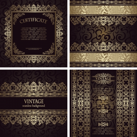 Vector set. Vintage seamless wallpaper with a ribbon, frame, border. Can be used as invitation, certificate   のイラスト素材