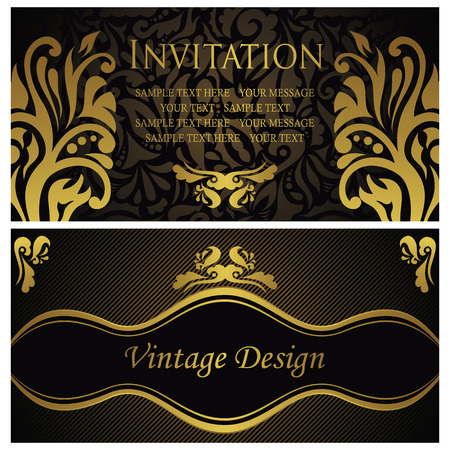 Set of two invitations. Floral seamless wallpaper, striped background. Original design                      のイラスト素材