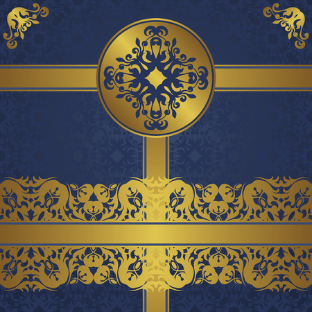 Original card with vintage golden borders. Retro style. Seamless background in blue     のイラスト素材