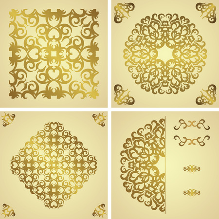 Set of template of seamless pattern and vintage cards with round lace pattern. Vintage background. Gold decorationのイラスト素材