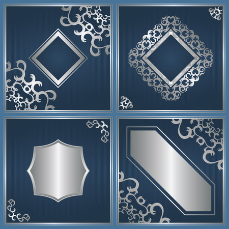 Set of cards with floral decoration. Floral decoration in a silver. Striped background in a blueのイラスト素材