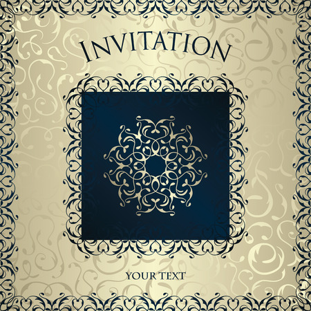 Vintage invitation with ornate elegant retro abstract floral design. Silver background with blue frame. Vector illustrationのイラスト素材