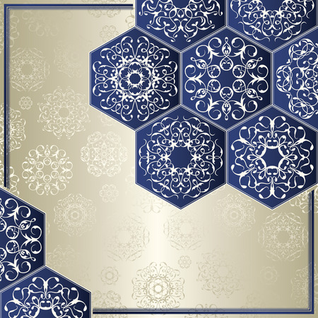 Vintage card with diamond ornament in a blue. Vector seamless background in a silver. Luxury bluesilver design. Vintage frameのイラスト素材