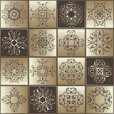 Seamless patchwork pattern. Vintage textures with tiles in retro style. Gold and brown designのイラスト素材