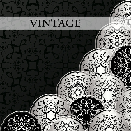 Vintage card with vintage round elements. Background in a black. Luxury black&silver designのイラスト素材