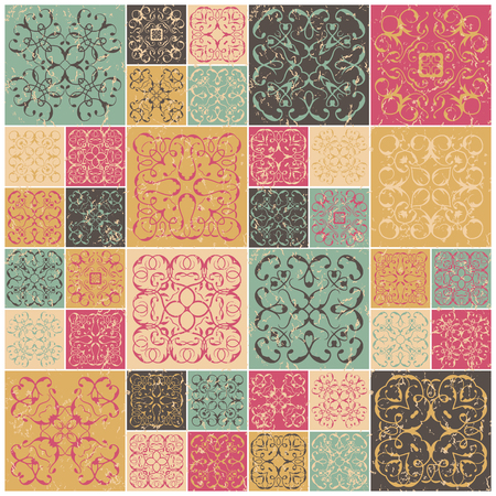 Patchwork design. Colorful square tiles with floral ornaments. For wallpaper print, pattern fills, web background. Grunge designのイラスト素材