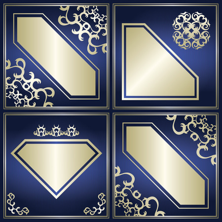 Set of cards with vintage decoration on striped background. Blue&silver designのイラスト素材