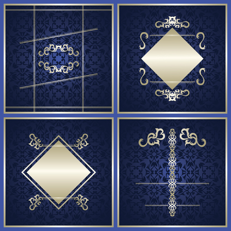 Set of cards with blue background and silver vintage decorationのイラスト素材