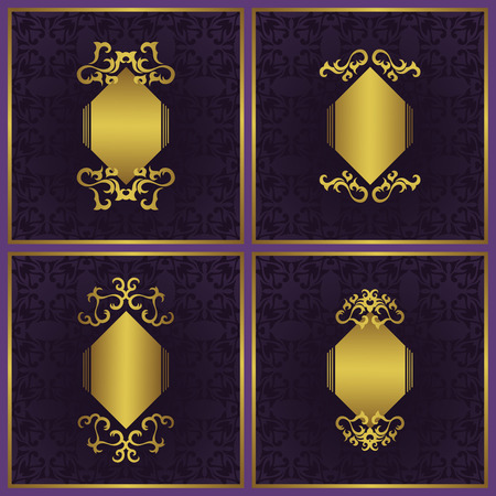 Set of vector vintage cards with a beautiful gold frames on violet backgroundsのイラスト素材