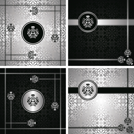 Collection of cards with design elements. Black and silver decorationのイラスト素材