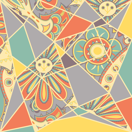 Abstract colorful floral patchwork pattern. Vintage decorative pattern. Hand drawn patchwork designのイラスト素材