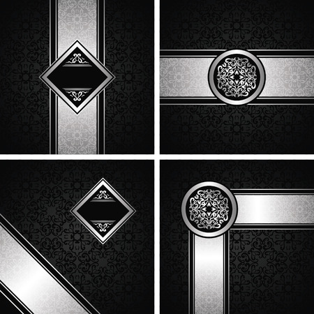 Set of vector vintage luxury cards with seamless backgrounds and decorative patterns, borders. Black and silver design.のイラスト素材