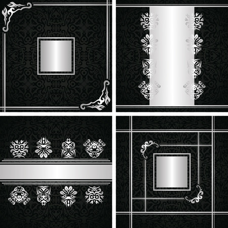 Collection of cards with design elements. Black background with silver decoration for your design    のイラスト素材