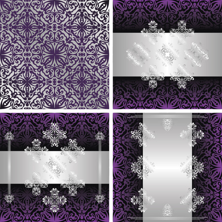Set of three cards with decorative elements and one seamless background. Vintage decoration. Place for your text. Original design     のイラスト素材