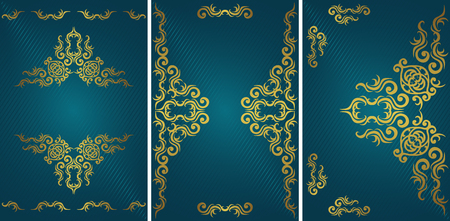 Set of three templates for cards, invitations, posters, banners. Vintage luxury gold decoration  on striped blue backgroundのイラスト素材