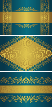 Set of three templates for cards, invitations and other. Vintage luxury gold decoration on blue backgroundのイラスト素材