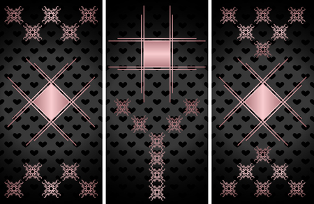 Set of three vector vintage cards with a beautiful pink décor. Vintage decoration with Romantic Objectsのイラスト素材