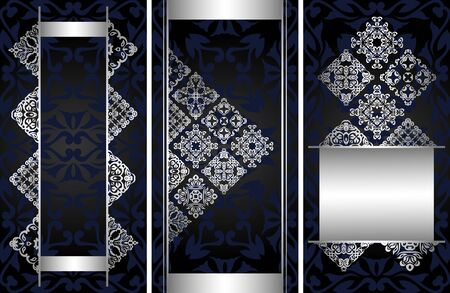 Set of three vector invitations with a vintage decorative silver decorationのイラスト素材