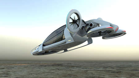 Transport of the future. The car is flying above the ground, against the background of a foggy...
