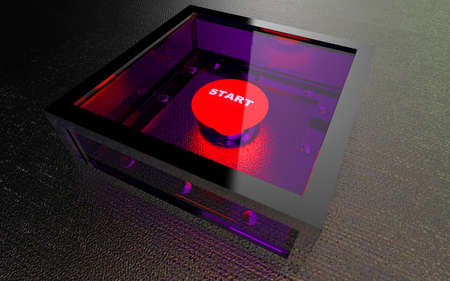 The red start button in armored box.3D illustration