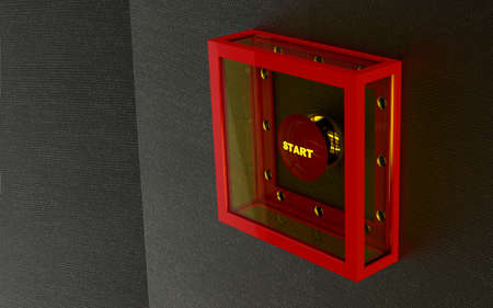 The red start button in armored box.3D illustration